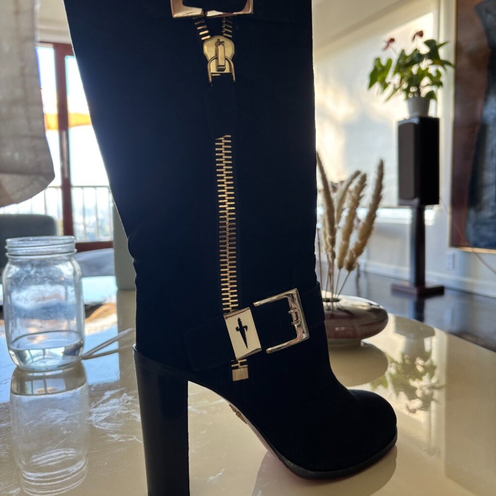 Cesare Paciotti Black Suede Long Boots with Gold Zipper & Buckle – Size 38.5